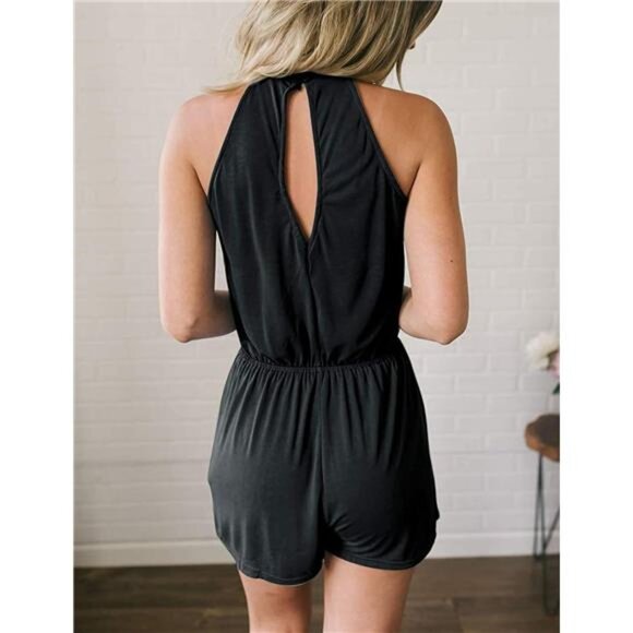 Women's Summer Halter Neck Jumpsuit – Elastic Waist, Solid Color with Pockets - Picture 2 of 7
